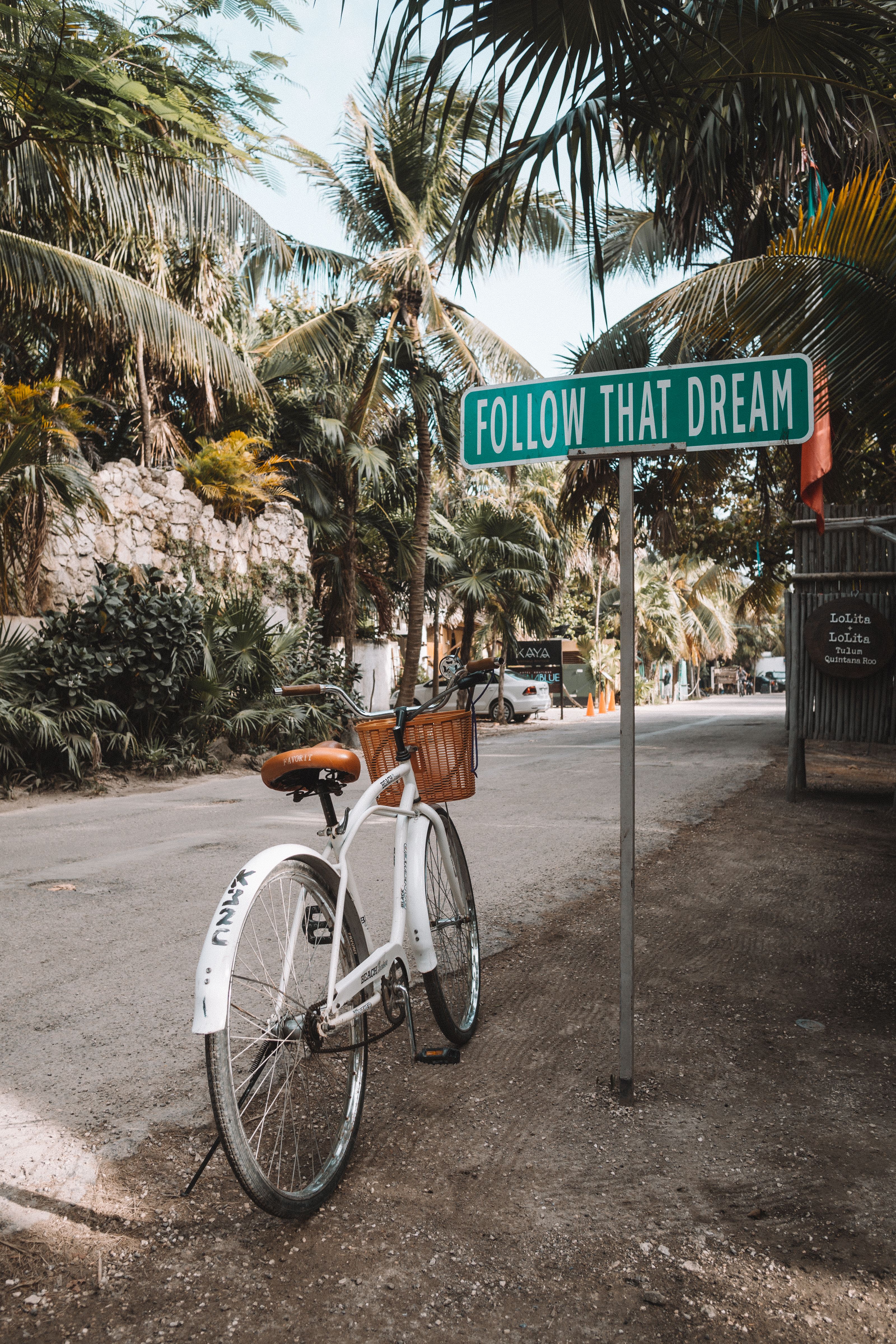 A bicycle leaning against a street sign reading \u2018Follow That Dream\u2019 on a palm-lined street in Tulum town, with a stone wall and tropical vegetation behind.