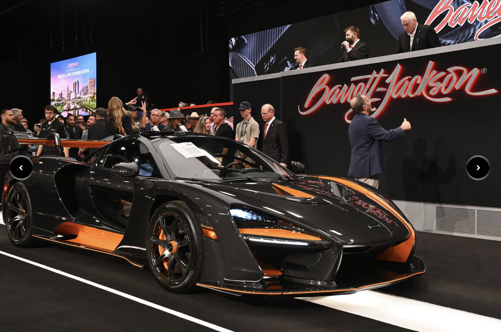Classic cars on display at the Barrett-Jackson auction block at Scottsdale Car Week in Arizona.