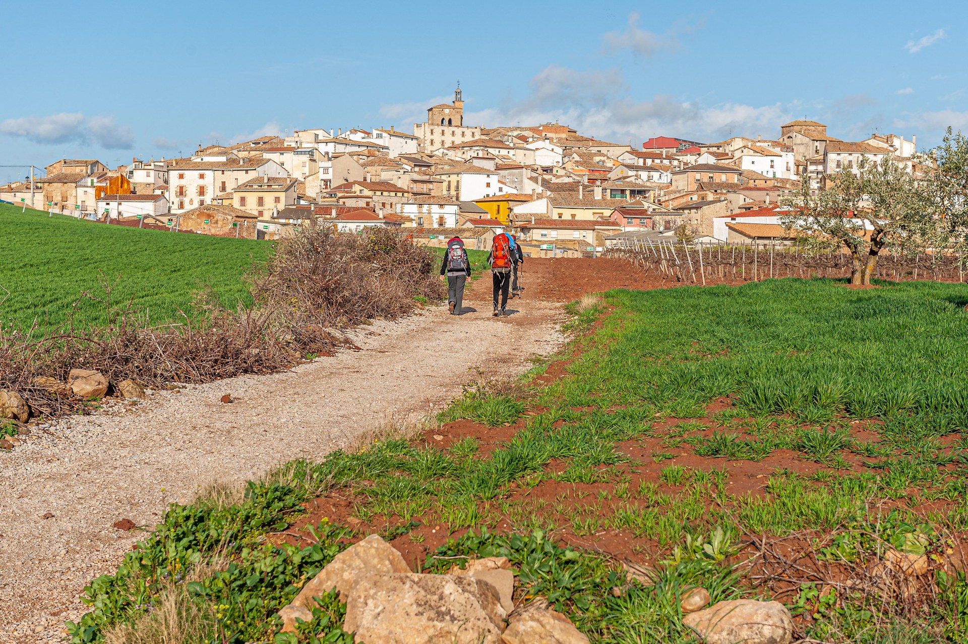Two backpacked pilgrims walking the Way of St James toward Galicia, Spain