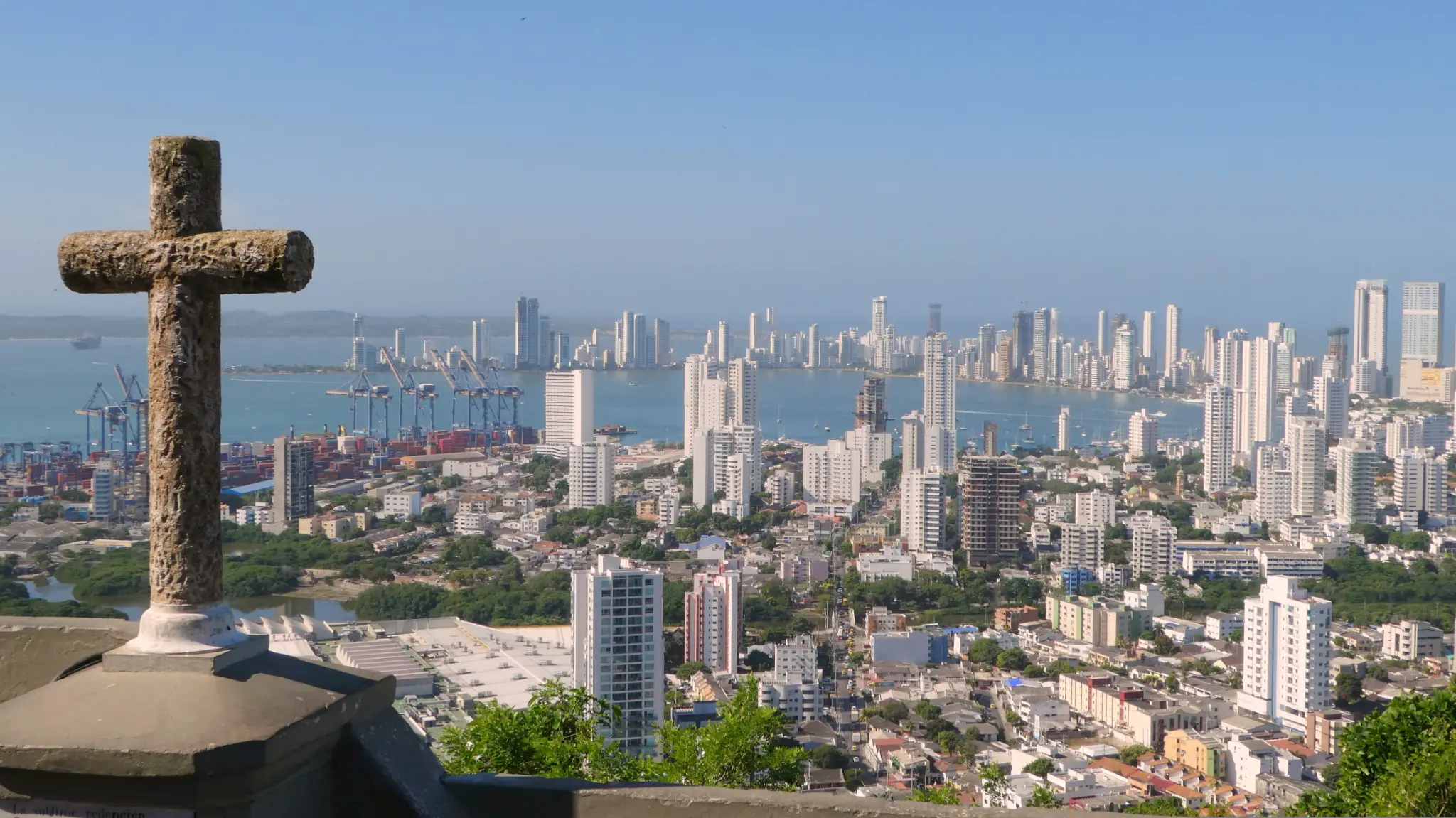 Panoramic view of Cartagena's modern skyline and port from the hilltop Convento de la Popa