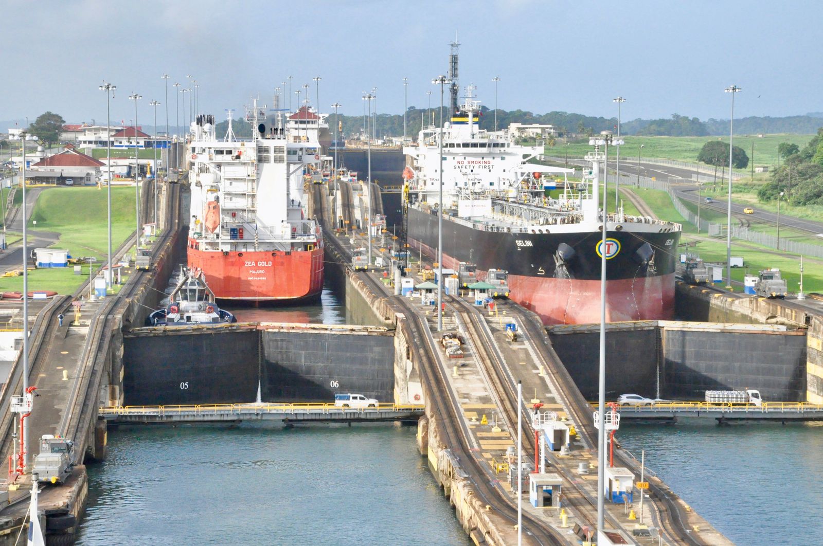 A cruise ship transiting the Panama Canal locks