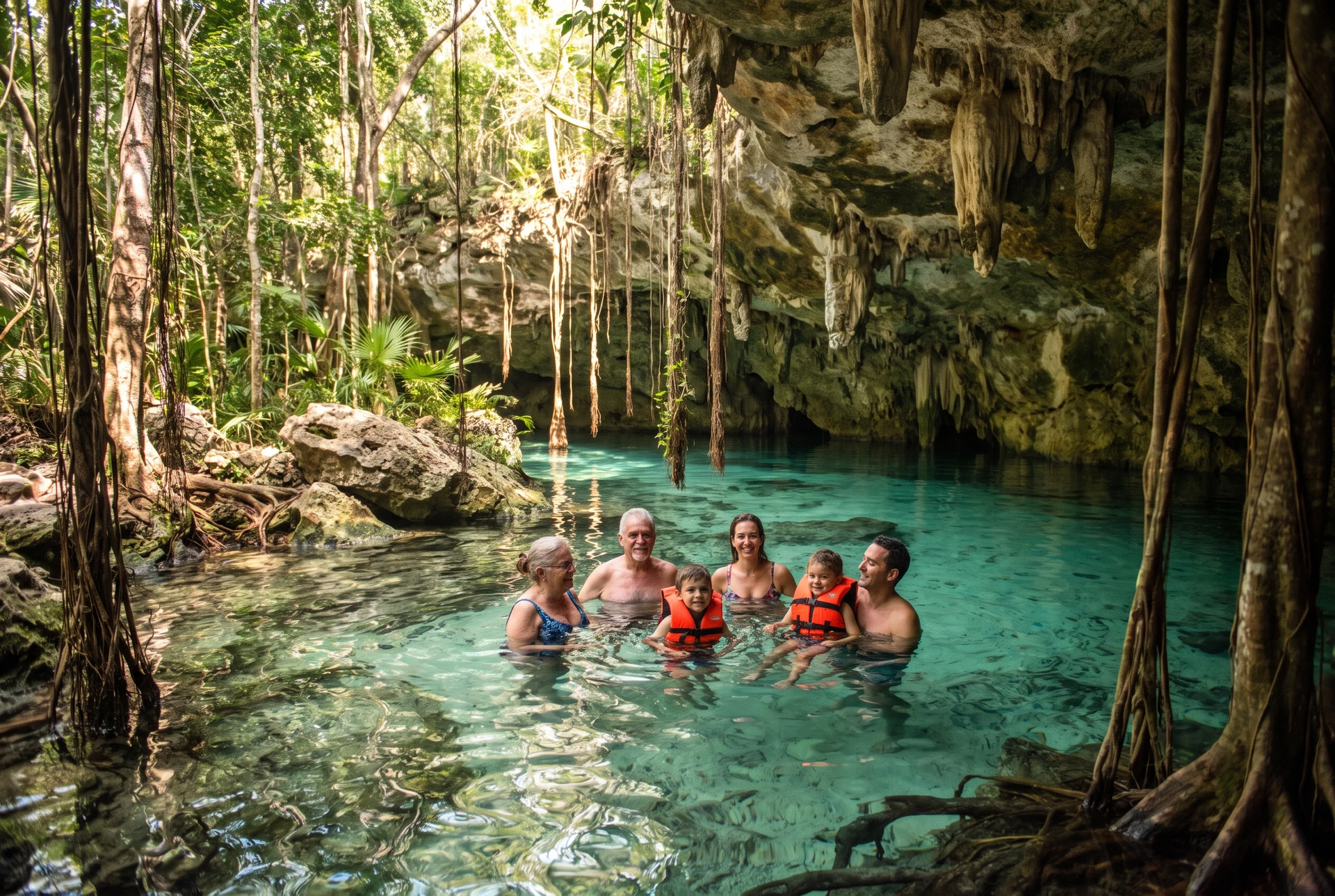 Gran Cenote near Tulum: crystal-clear turquoise water in a natural limestone sinkhole, surrounded by jungle vegetation and stalactite formations, with a family floating in life vests in the calm shallow water.