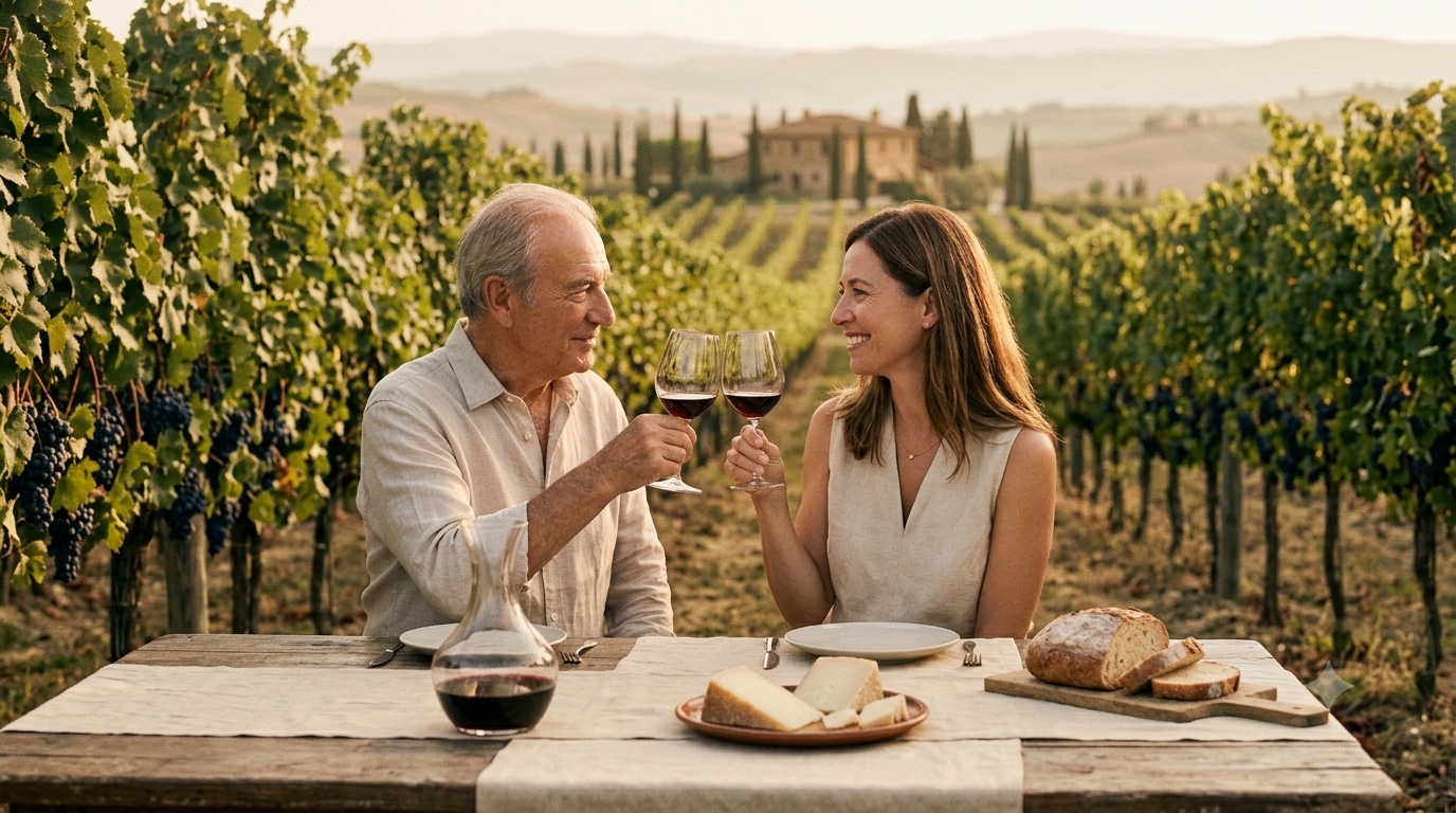 Friends sharing a special meal in Tuscany