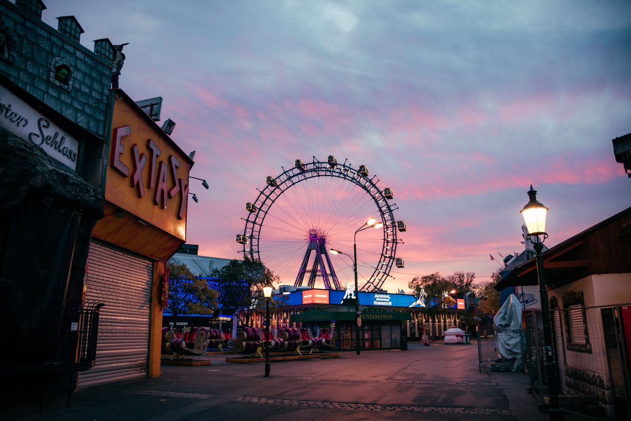 The Giant Ferris Wheel at the Prater in Vienna lit up at night in winter